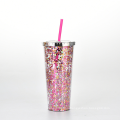 Glitter color acrylic cup Travel Coffee tumbler with lid and straw Double wall reusable Acrylic Plastic Shimmer Drink Tumbler